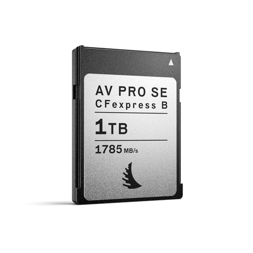 Angelbird AV Pro CFexpress B SE Speicherkarte 1 TB, eine rechteckige, schwarze Karte zum Speichern hochauflösender Fotos/Videos in Profi-Kameras.