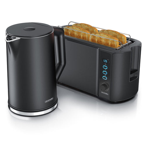 Arendo Wasserkocher mit Toaster Set - Edelstahl Schwarz. Schwarze Edelstahl-Geräte zum Erhitzen von Wasser und Toasten von Brot.