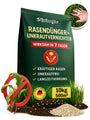 Natureflix Rasendünger mit Unkrautvernichter – extra stark 10kg. Grünlich-braunes Granulat nährt Rasen und vernichtet Unkraut.