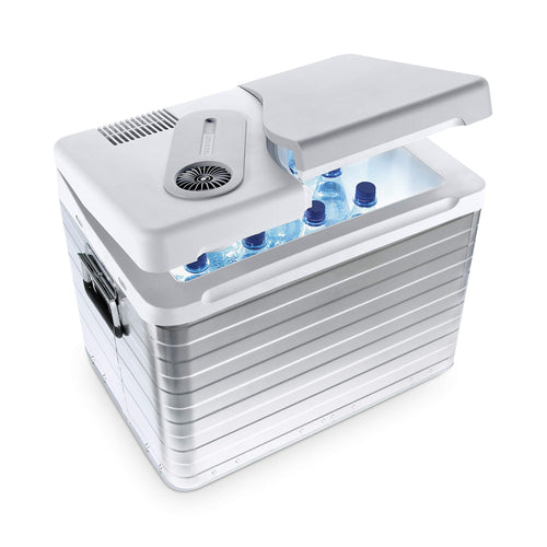 Mobicool Q40 AC/DC Elektrische Kühlbox. Rechteckige 39L Kühlbox in Alu-Optik. Kühlt Speisen/Getränke für Camping/Reisen (12/230V).