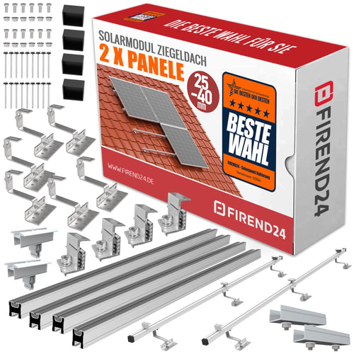 PV Modul Set 2 Module Ziegeldach Halterung 25-40mm. Zwei rechteckige, dunkle Solarmodule mit Halterung. Erzeugt Solarenergie auf Ziegeldächern.