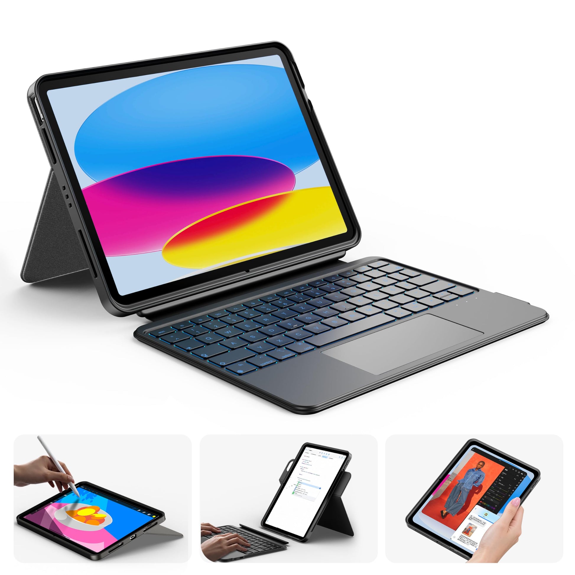 HOU 360° Drehbare Abnehmbare Tastaturhülle iPad A16 11/10 QWERTZ. Rechteckige Hülle mit QWERTZ-Tastatur schützt das iPad und ermöglicht Texteingabe.