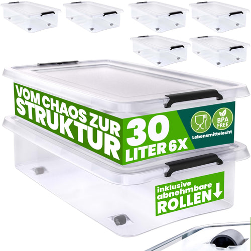 Deuba® RB60 Aufbewahrungsboxen - 6x 30l transparent mit Rollen