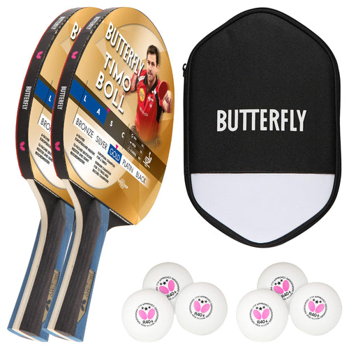 Butterfly Timo Boll 2 x Gold Tischtennisschläger Set mit rotem und schwarzem Belag zum Spielen von Tischtennis für fortgeschrittene Spieler.
