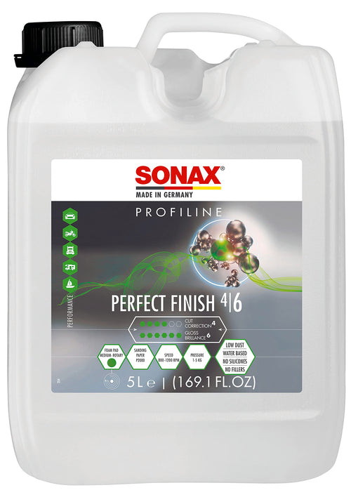 SONAX PROFILINE PerfectFinish 1-Stufen-Finishpolitur 5 Liter, weiße Politur. Entfernt Polierspuren, erzeugt Hochglanzlackierung.