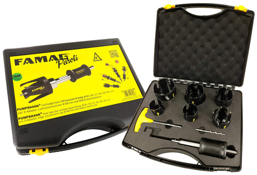 Famag Paroli HM Lochsägensatz – 8-teilig mit Pumpshank. 8 hartmetallbestückte Lochsägen für Bohrungen in Holz, Gips.