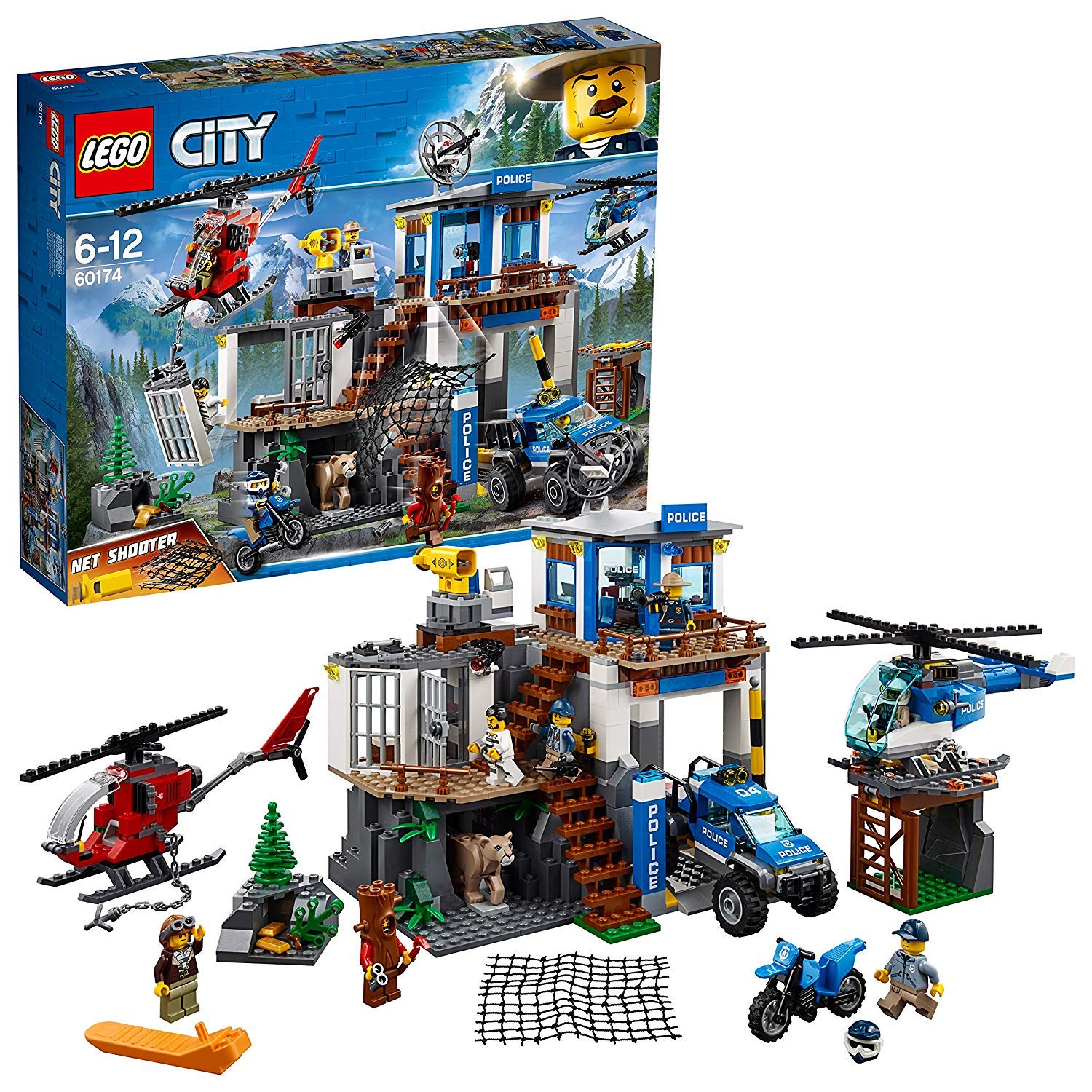 LEGO City Bergpolizei Hauptquartier (60174). Blau-graues Gebäude mit Antenne. Dient als Basis für Polizeieinsätze in bergigem Gelände.