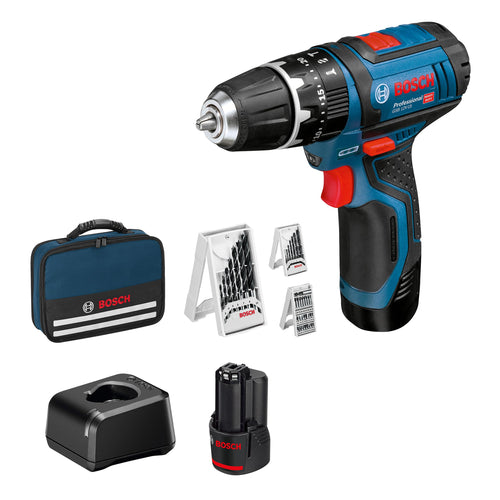 Bosch Professional GSB 12V-15 Akku Schlagbohrschrauber Set: Blauer Bohrschrauber mit Schlag für Holz, Metall, Mauerwerk.