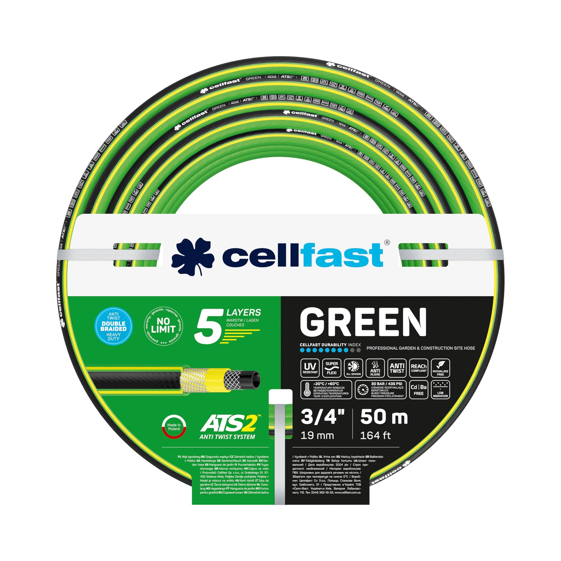 CELLFAST Gartenschlauch 5-lagig UV flexibel – 3/4 Zoll 50m Grün. Grüner, aufgerollter Schlauch zur Gartenbewässerung.