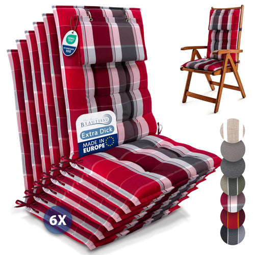 Beautissu Sun-HL Hochlehner Auflage 6er Set, rot-anthrazit gestreift. Polstert Gartenstühle mit hoher Rückenlehne für Komfort.
