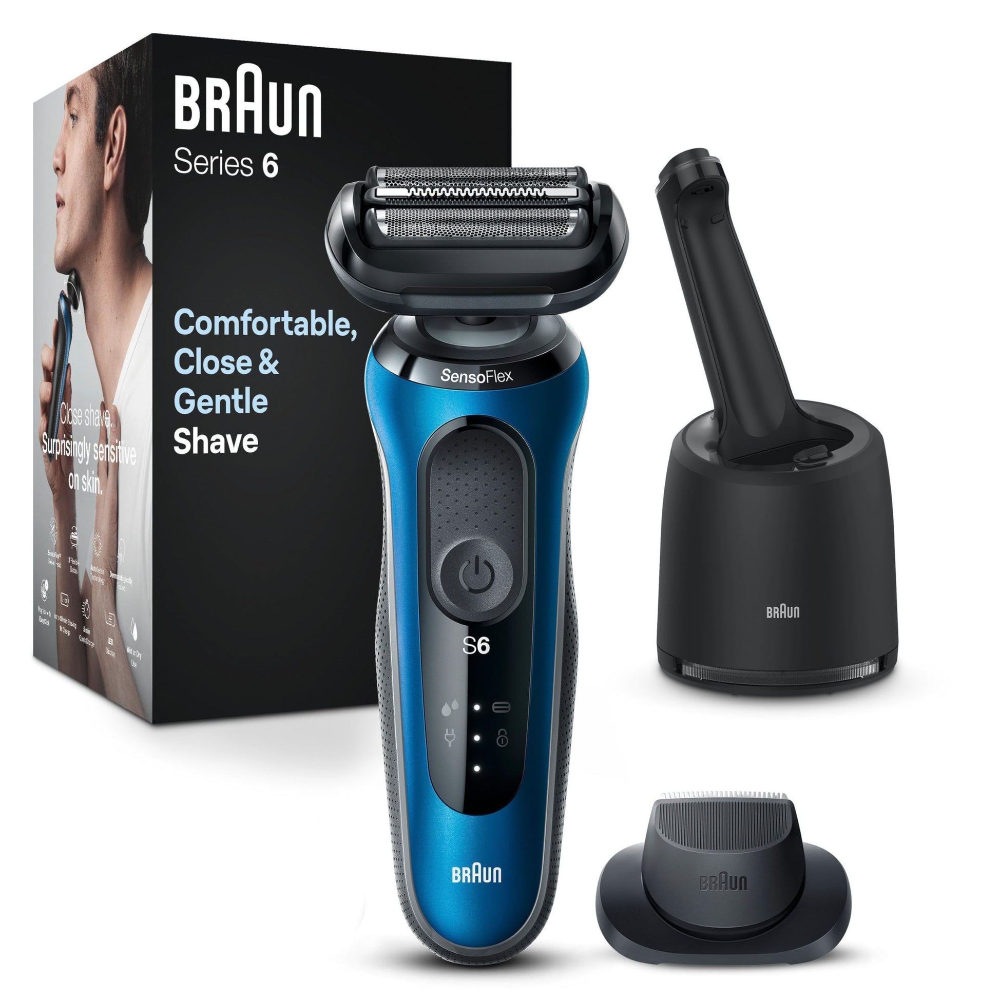 Braun Series 6 61-B7200cc Elektrorasierer Blau mit Reinigungsstation: Blauer Rasierer und Station für Trocken-/Nassrasur, automatische Reinigung & Ladung.