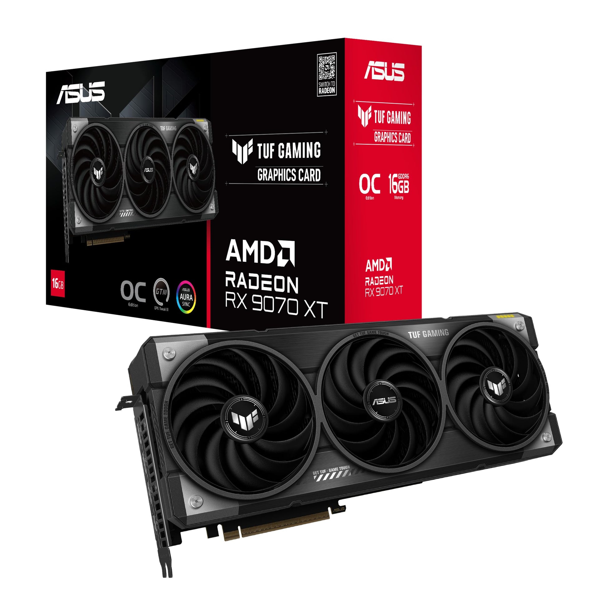 ASUS TUF Gaming Radeon RX 9070 XT Grafikkarte - OC 16GB. Dunkelgraue Karte zur Darstellung flüssiger Gaming-Grafik.
