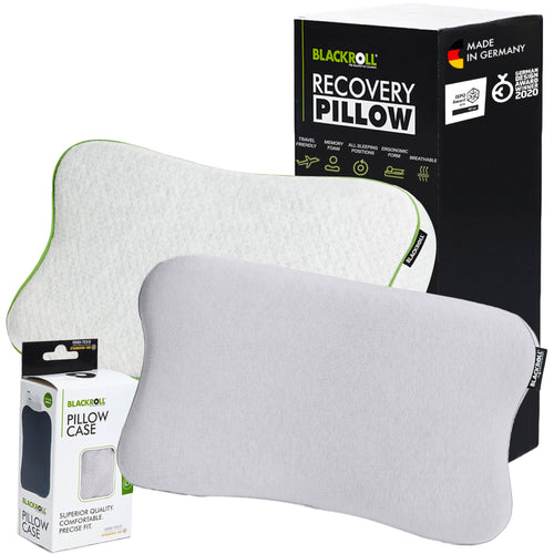 BLACKROLL® Recovery Pillow Nackenkissen – Set Jersey Hellgrau. Ergonomisch geformt, bietet Nackenstütze zur Regeneration.