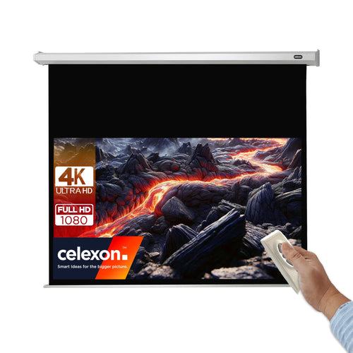 celexon Economy Motor-Leinwand elektrisch 90" 16:9: Weiße Projektionsfläche fährt aus Gehäuse. Für Heimkino und Präsentationen.