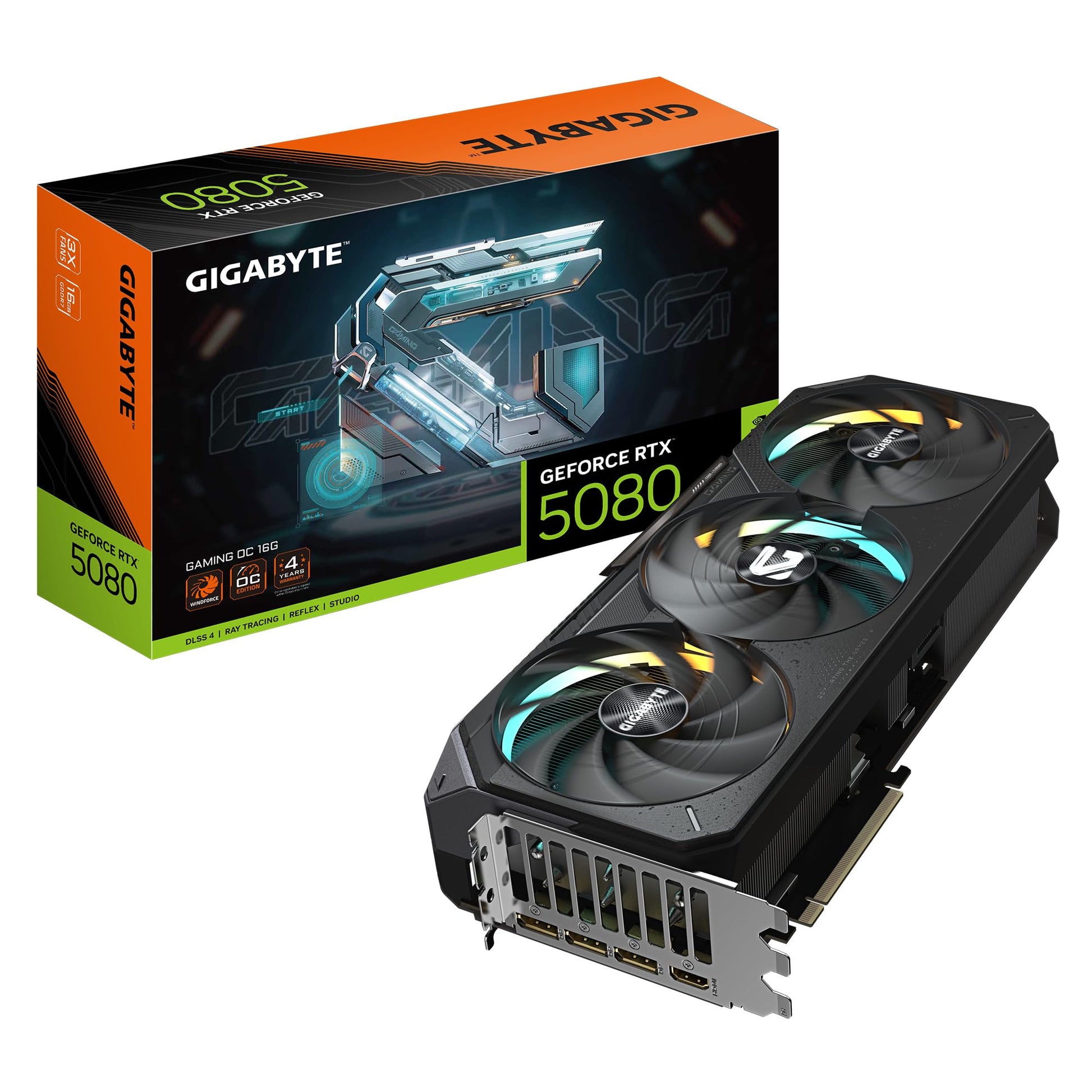 Gigabyte GeForce RTX 5080 Gaming OC Grafikkarte - 16G, rechteckig, dunkel, mit drei Lüftern. Für Gaming mit hohen Bildraten.