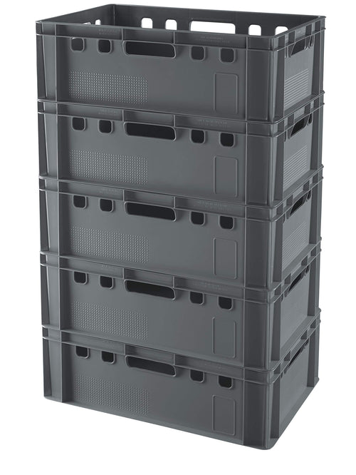 5x E2 Fleischkisten 60x40x20 Grau – Lager- & Metzgerkisten: Graue E2-Standardkisten für Lagerung und Transport von Fleisch in Metzgerei/Logistik.