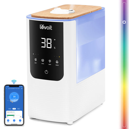 LEVOIT Smart Luftbefeuchter Warm- & Kaltnebel – Weiss. Weisses Gerät zur Raumluftbefeuchtung mit warmem oder kaltem Nebel.