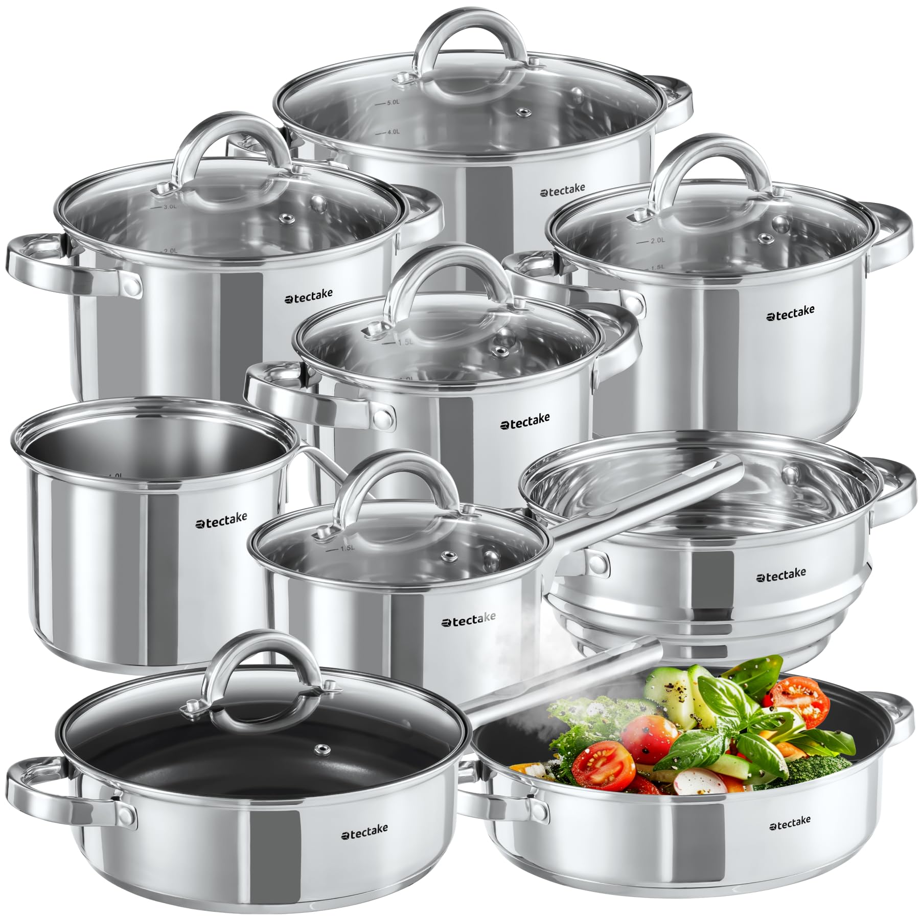 tectake Topfset 15-teilig Edelstahl für Induktion –
