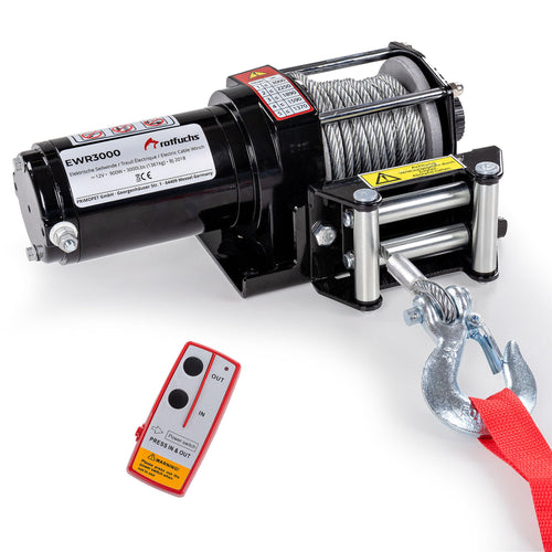 ROTFUCHS Elektrische Motorwinde 12V, 1360kg - Offroad Funk. Kompakte, schwarze Motorwinde mit Seiltrommel und Haken zur Fahrzeugbergung im Offroad-Bereich.
