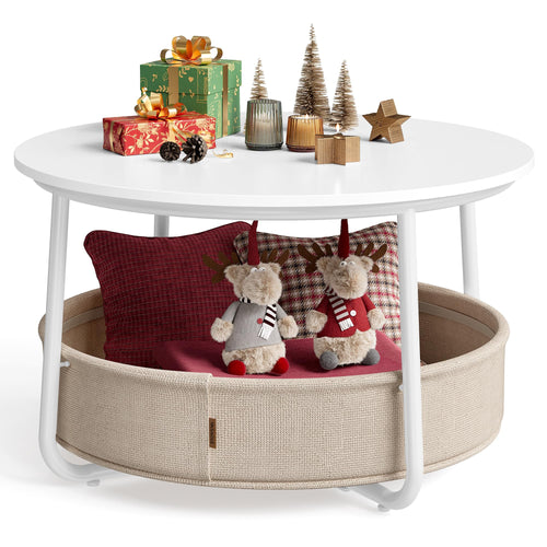 VASAGLE Couchtisch Rund mit Stauraum - Mattweiss-Kamelbraun LCT244W10