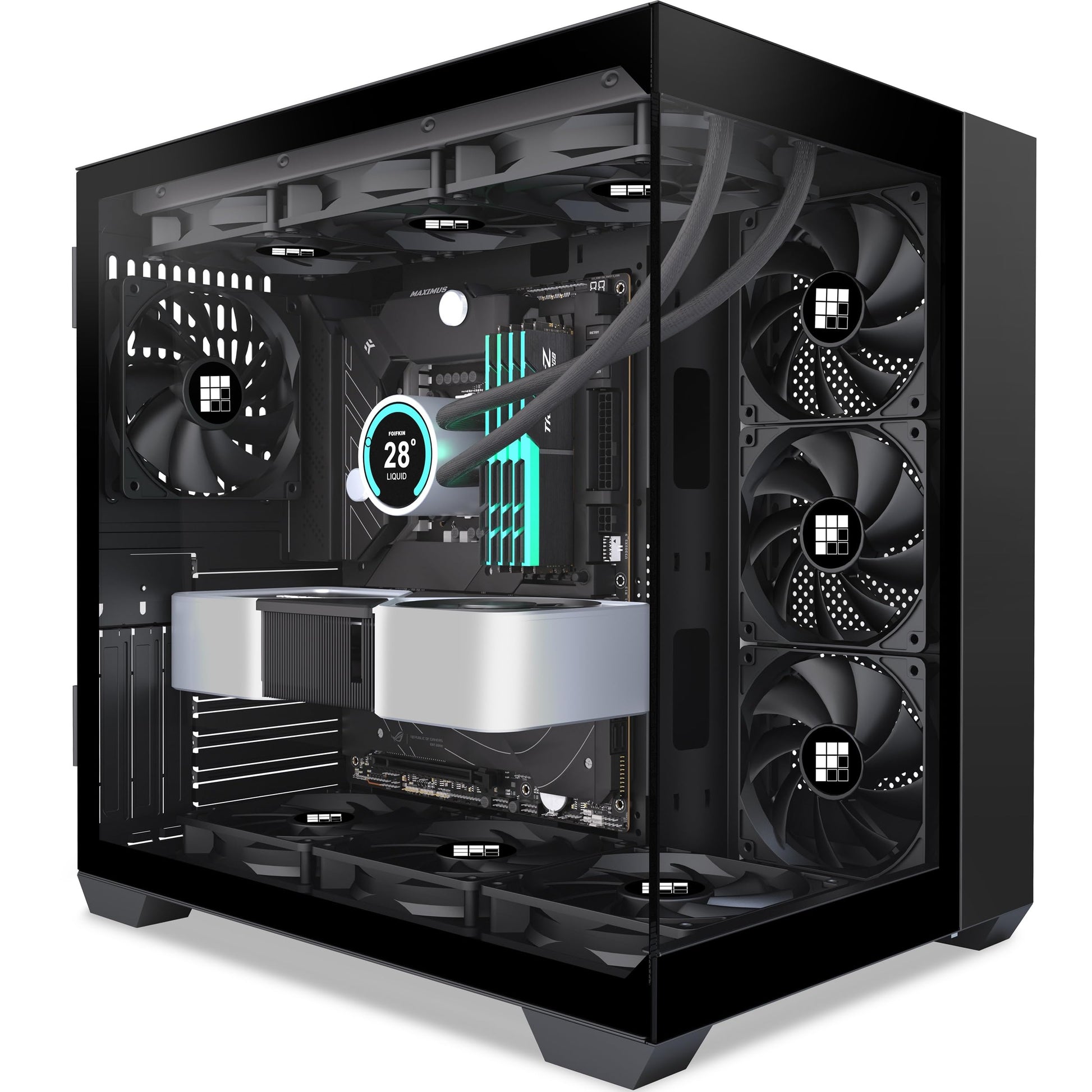 FOIFKIN F300 Gaming PC Gehäuse – Schwarz, ohne RGB Lüfter. Schwarzes, rechteckiges Tower-Gehäuse zur Montage und Kühlung von Gaming-PC-Hardware.
