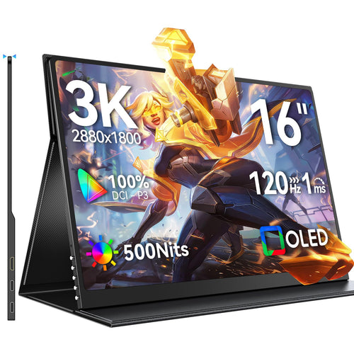 UPERFECT 3K OLED 120Hz Tragbarer Monitor – 16 Zoll 1ms. Schwarzer, rechteckiger 16-Zoll-Monitor als mobiler Zusatzbildschirm.