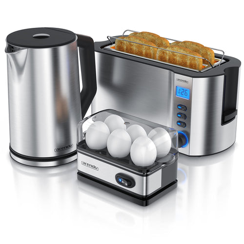 Arendo Wasserkocher Toaster Eierkocher Set Edelstahl Silber. Dieses Set dient zum Kochen von Wasser, Toasten von Brot und Garen von Eiern.