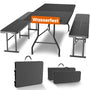 NewHabitat Kunststoff Bierzeltgarnitur Klappbar 3er Set - Schwarz: Rechteckige, schwarze Garnitur, klappbar für Sitzplätze und Tischfläche bei Outdoor-Events.