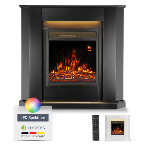 Juskys Elektrokamin 2000W Eckkamin Schwarz mit Heizung. Beheizt Räume und erzeugt einen simulierten Flammeneffekt.