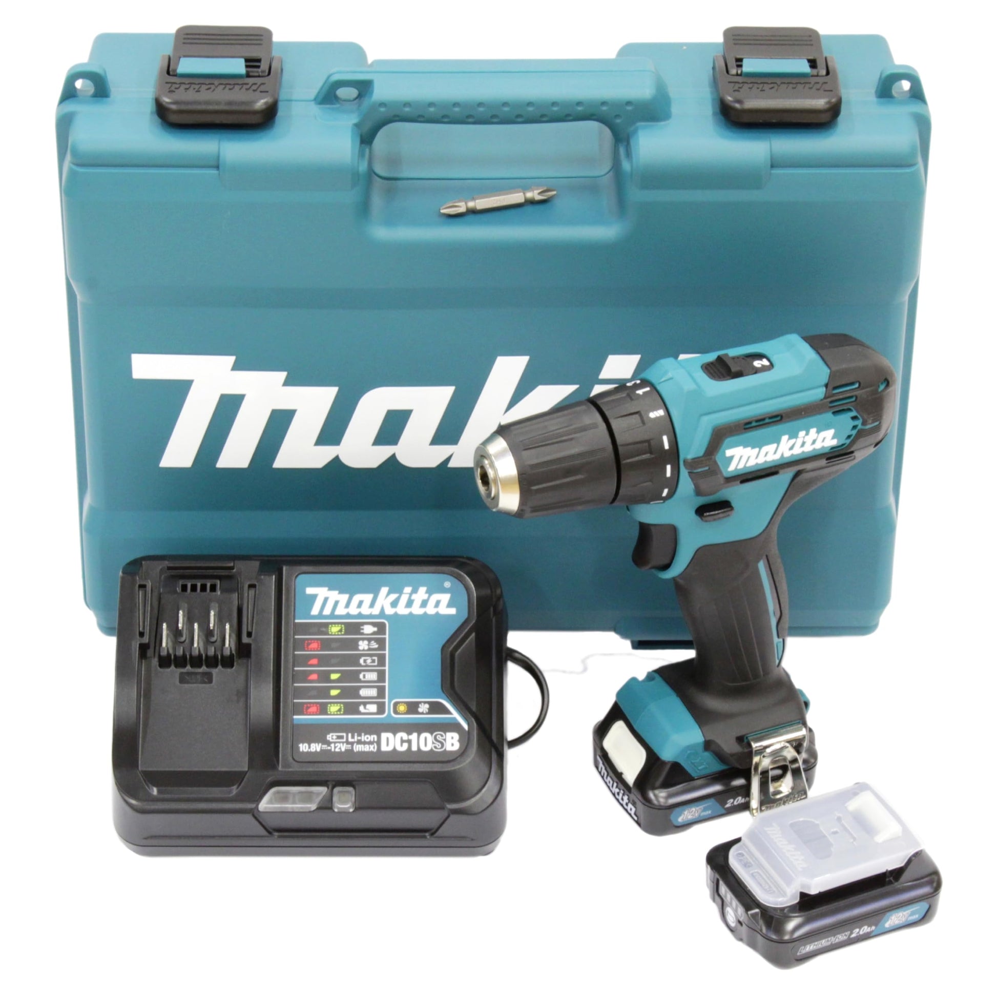 Makita DF333DSAE Akku-Bohrschrauber 12V 2.0Ah Set mit Koffer. Blau-schwarzer Pistolengriff-Bohrschrauber zum Bohren und Schrauben.