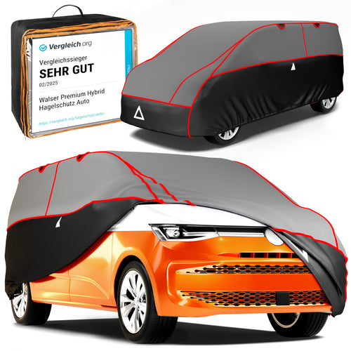 WALSER Premium Hybrid Hagelschutz Abdeckplane Bus Grösse 12, eine graue, busförmige Abdeckplane, die Busse vor Hagelschlag schützt.