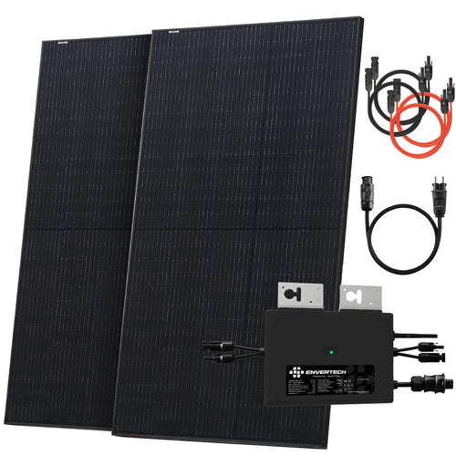 Solarway® Balkonkraftwerk 800W Solaranlage Steckdose: Zwei dunkle, rechteckige Solarmodule zur Stromerzeugung für Balkone via Steckdose.