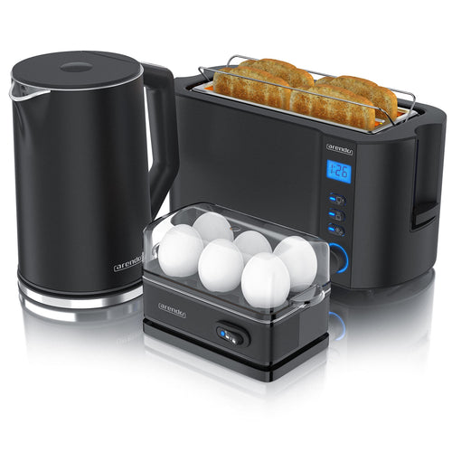 Arendo Wasserkocher Toaster Eierkocher Set – Schwarz Edelstahl. Dreiteiliges Set in Schwarz/Edelstahl zur Frühstückszubereitung.