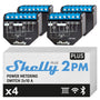Shelly Plus 2PM Smart Home Doppel Relais Schalter – 4er Pack. Vier weiße Module, steuert je zwei Stromkreise.