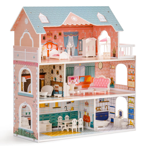 ROBUD Holz-Puppenhaus mit Möbeln & Zubehör – Kinder Spielhaus