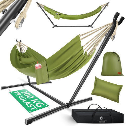 KESSER® Hängematte Lake für 2 Personen mit Gestell – Khaki. Khakifarbene Tuchhängematte in einem stabilen, freistehenden Gestell zur Entspannung im Freien.