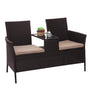 Mendler Poly-Rattan Sitzbank mit Tisch HWC-E24 132cm – Braun. Braune Poly-Rattan Bank, 132cm, mit integriertem Tisch für Außenbereiche.