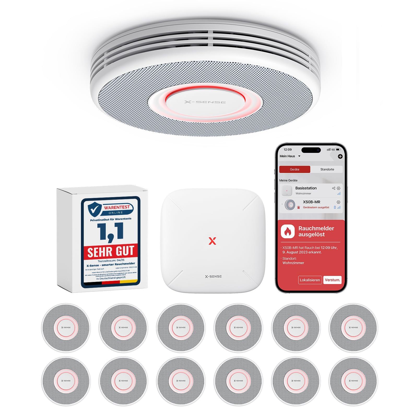 X-Sense Smarter WLAN Rauchmelder mit SBS50 Basisstation - 12er Set. Runde, weiße Geräte zur WLAN-Branderkennung.