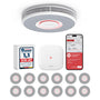 X-Sense Smarter WLAN Rauchmelder mit SBS50 Basisstation - 12er Set. Runde, weiße Geräte zur WLAN-Branderkennung.