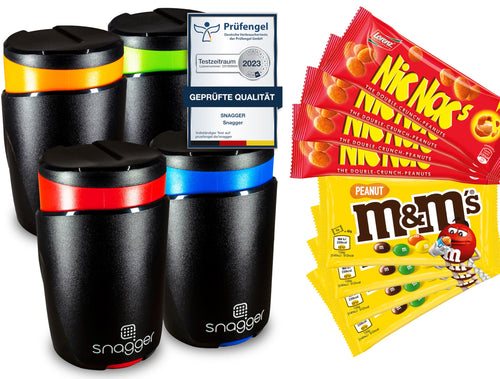 snagger Snackspender Viererpack – Saubere Hände beim Snacken. Zylindrische Spender für hygienische Snack-Entnahme.