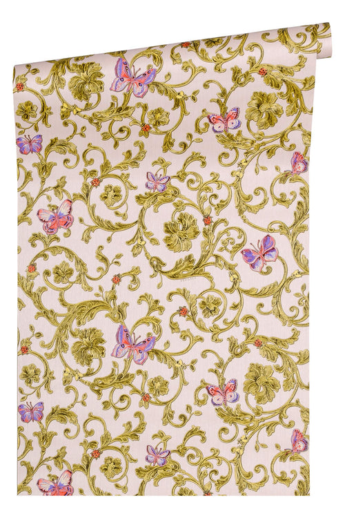 Versace A.S. Création Butterfly Barocco Luxustapete Grün Rosa 343254. Grün-rosa Tapete mit Schmetterlings-Barockmuster zur Wandgestaltung.