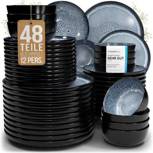Pure Living Ibiza Steingut Geschirrset 12 Pers. 48tlg. - Rauchblau