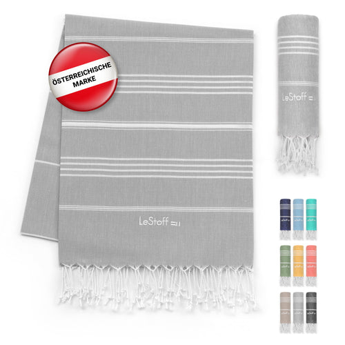 LeStoff Premium Hamamtuch XXL 200x200cm Bio-Baumwolle - Grau. Quadratisches, graues Baumwolltuch. Vielseitig als Badetuch, Saunatuch oder Stranddecke nutzbar.
