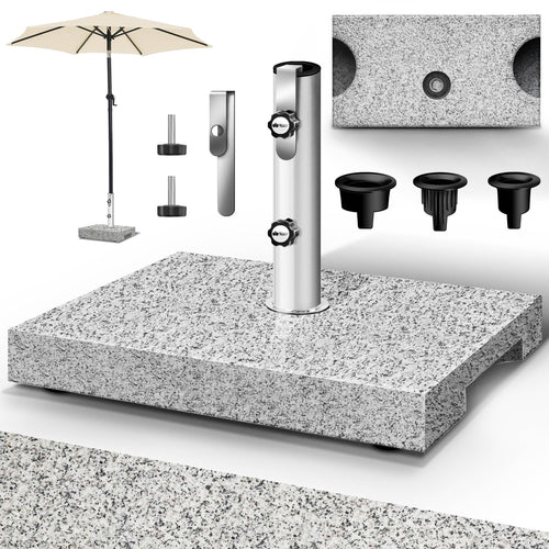 tillvex Granit Sonnenschirmständer Rechteckig 25 kg - Edelstahlrohr. Graue Granitplatte hält Sonnenschirme stabil.