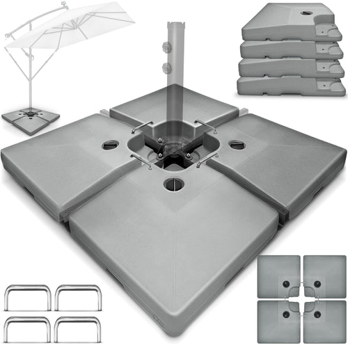 tillvex® Sonnenschirmständer 90L/120kg für Ampelschirm 4-teilig. Rechteckige Platten stabilisieren Ampelschirme sicher.