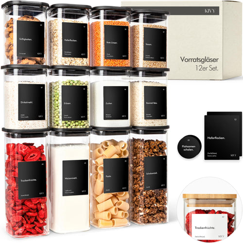 KIVY Vorratsgläser eckig 12er Set - Stapelbar & Luftdicht