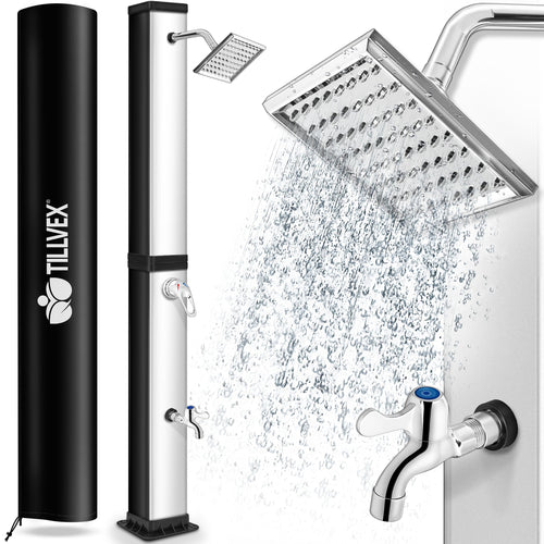 tillvex Solardusche Gartendusche Pooldusche - 40 Liter. Säulenförmig, schwarz. Nutzt Solarwärme für Warmwasserduschen.