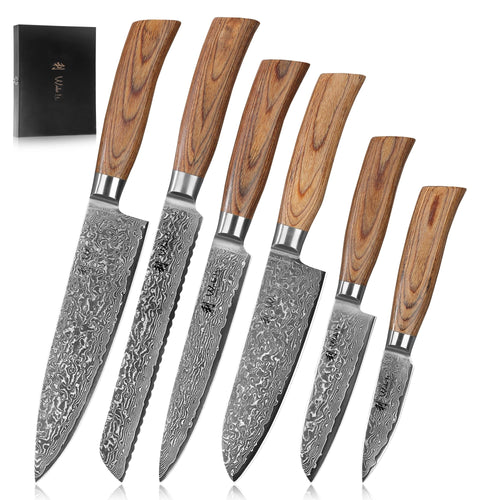 Wakoli EDIB Pro Premium 6er Damastmesser-Set mit Holzbox. Ein Damastmesser-Set in Holzbox. Für diverse Schneidarbeiten in der Küche.