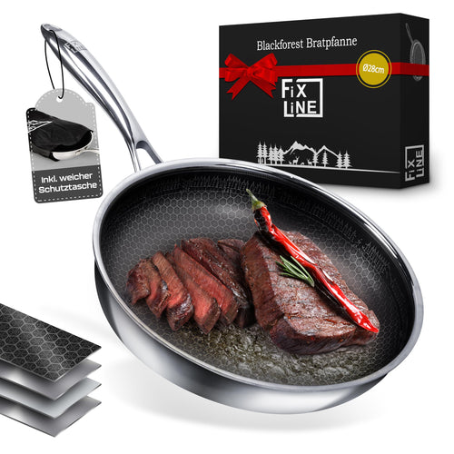 FIXLINE® Black Forest Bratpfanne 28cm - kratzfeste Antihaftbeschichtung ohne PFAS- hoher Rand 6,5cm - alle Herdarten inkl. Induktion - Backofen geeignet bis 230°C - Perfekte Geschenkidee
