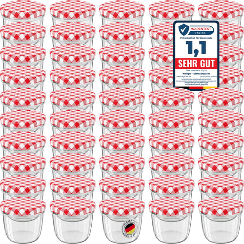 WELLGRO Einmachgläser 230ml mit Schraubdeckel 100er Set rot kariert